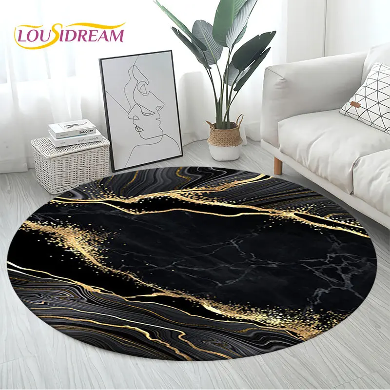Colour Nordic Black Gold Blue Marble Round Area Rug,Circle Carpet Rug for Living Room Bedroom Sofa Decor, Floor Mat Kitchen Mat