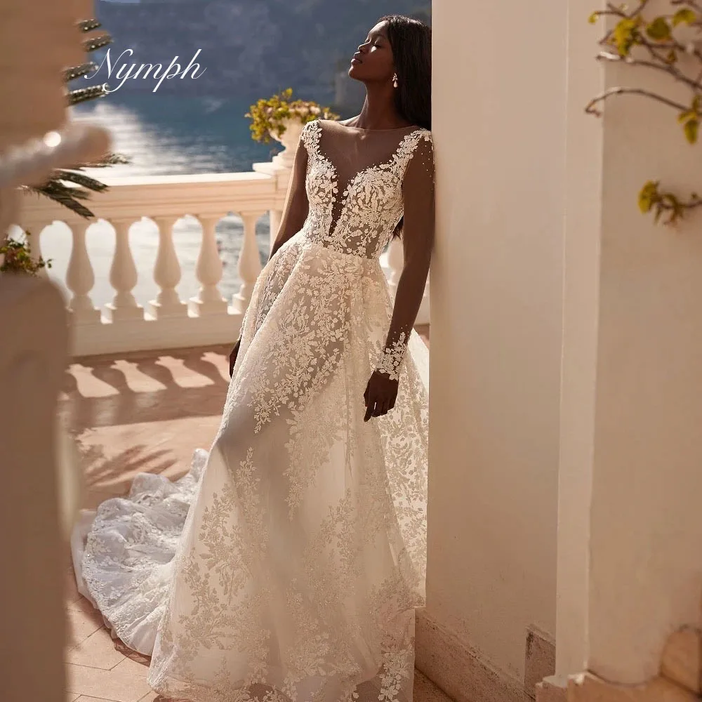 Exquisito vestido de novia de manga larga con ilusión de lentejuelas, apliques de encaje, vestido de novia, vestidos personalizados para novia