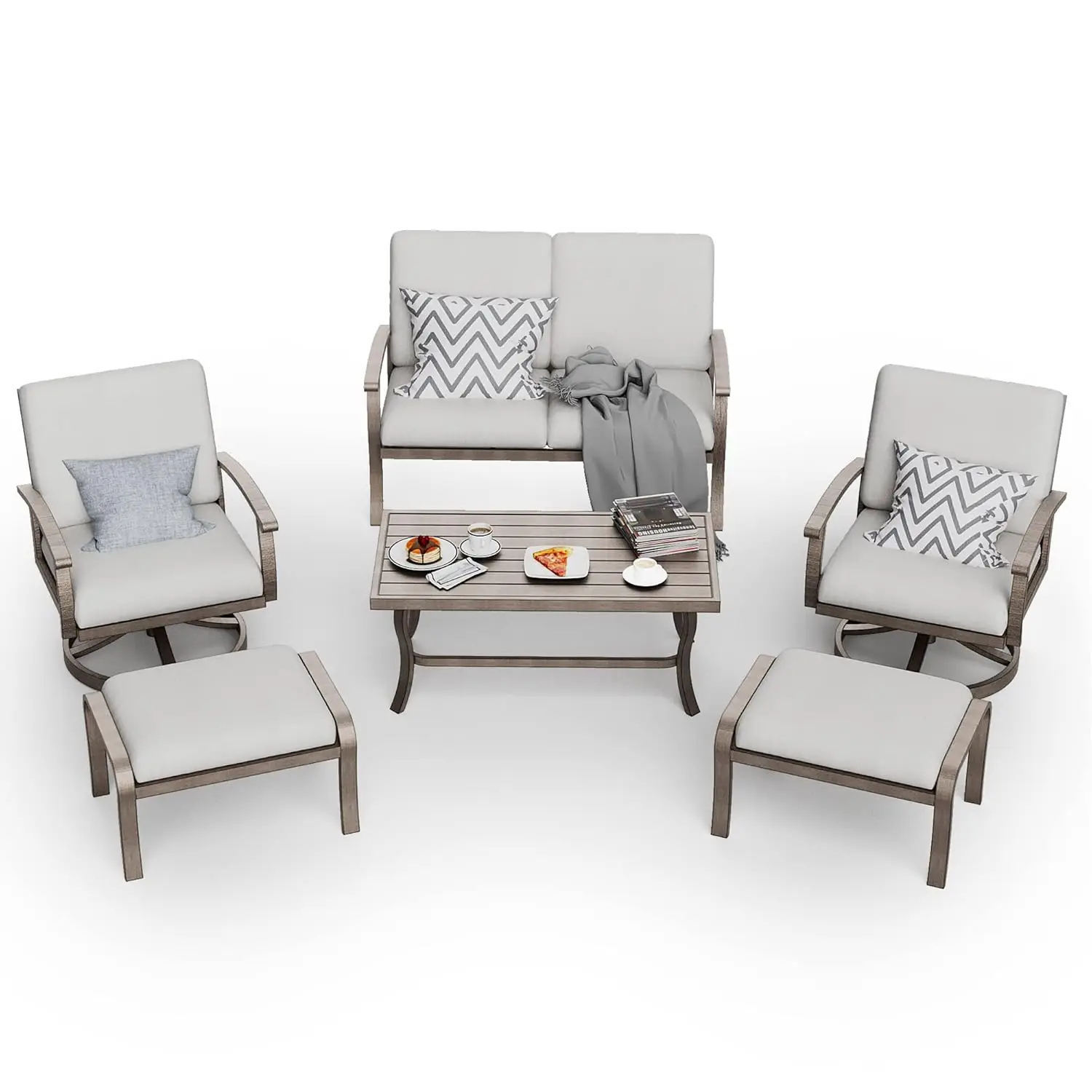 

6pc Aluminum Patio Set, Swivel Chairs & Ottoman & Loveseat, All Weather Outdoor Sofa with Cushions & Table, Customized