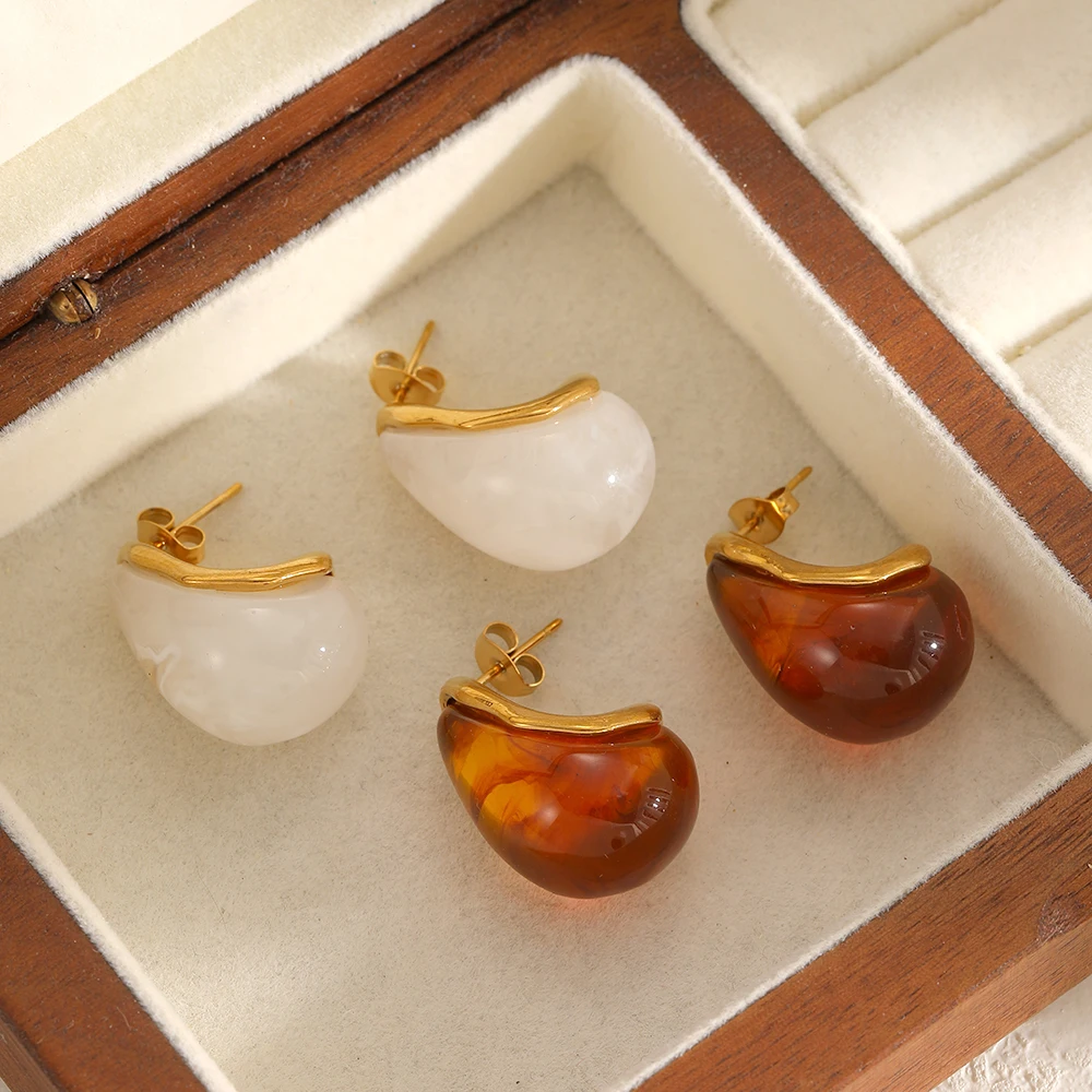 Geometric Water Drop Resin Earrings For Women 18K Gold Plated Stainless Steel Earrings Simple Fashion Jewelry Girls Gift