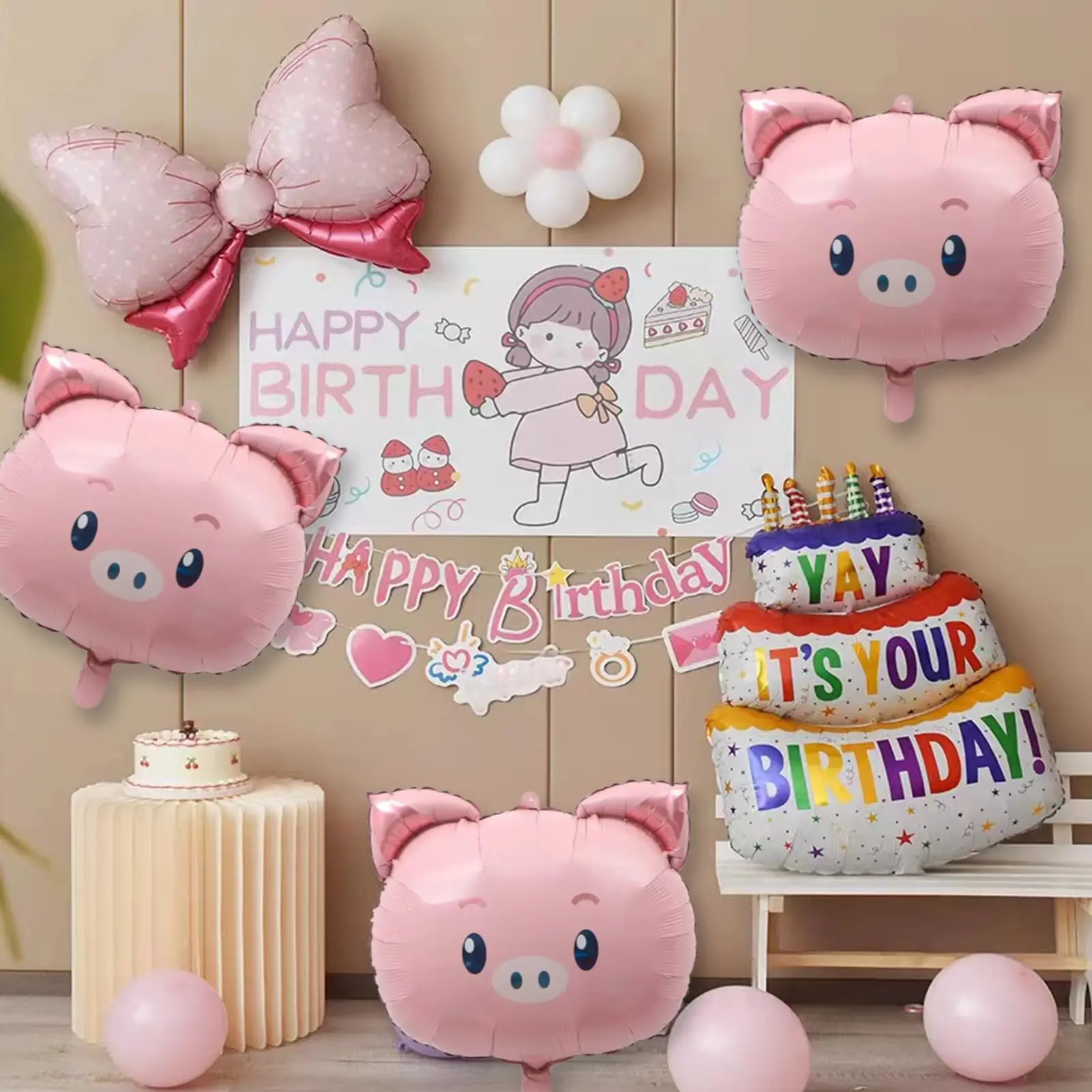 5pcs Pink Pig Animal Aluminum Foil Balloons, Suitable For Jungle Farm Zoo Hunting Theme Birthday Baby Shower Party Decoration