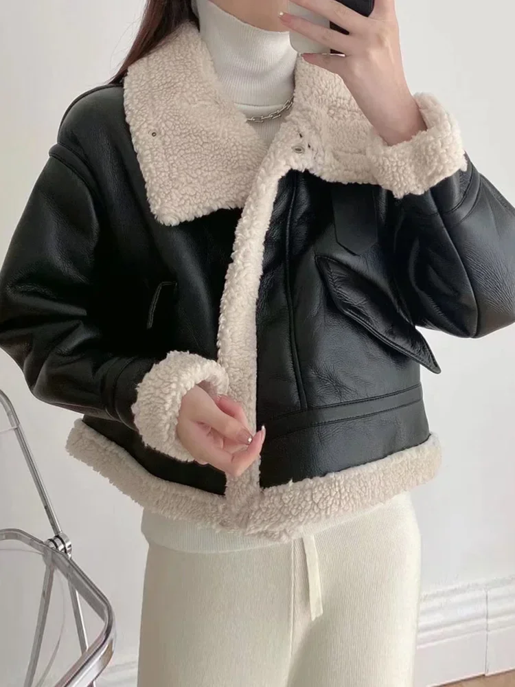 Giacca invernale donna cappotto corto in ecopelle Shearling pelle di pecora Retro moto parka in pile capispalla da neve femminile