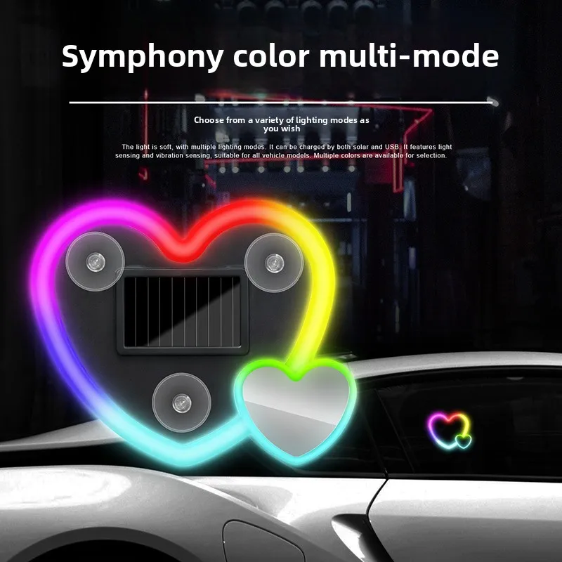 Car Neon Light Solar Powered Wireless Cute Heart Shaped Led Ambient Light Suction Cup USB Rechargeable Atmosphere Breathing Lamp
