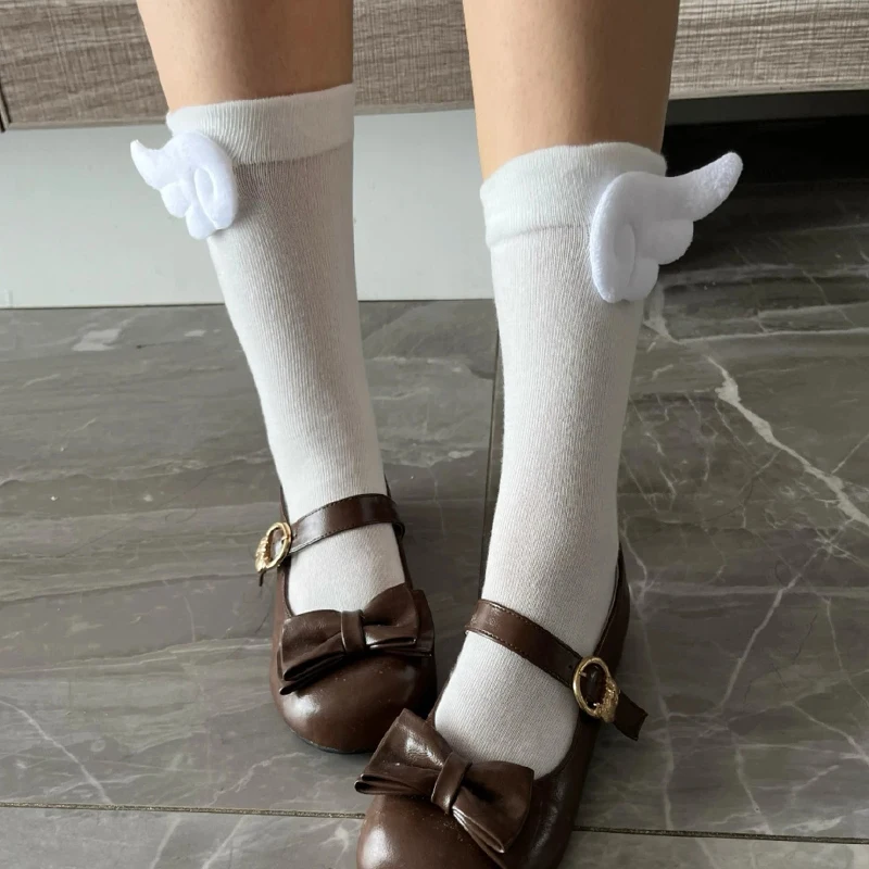 Creativity Angel Wings Lolita Socks Women Soft Solid Color Cotton Mid-tube Stockings Skin Friendly Cute Plush Angel Wings Socks