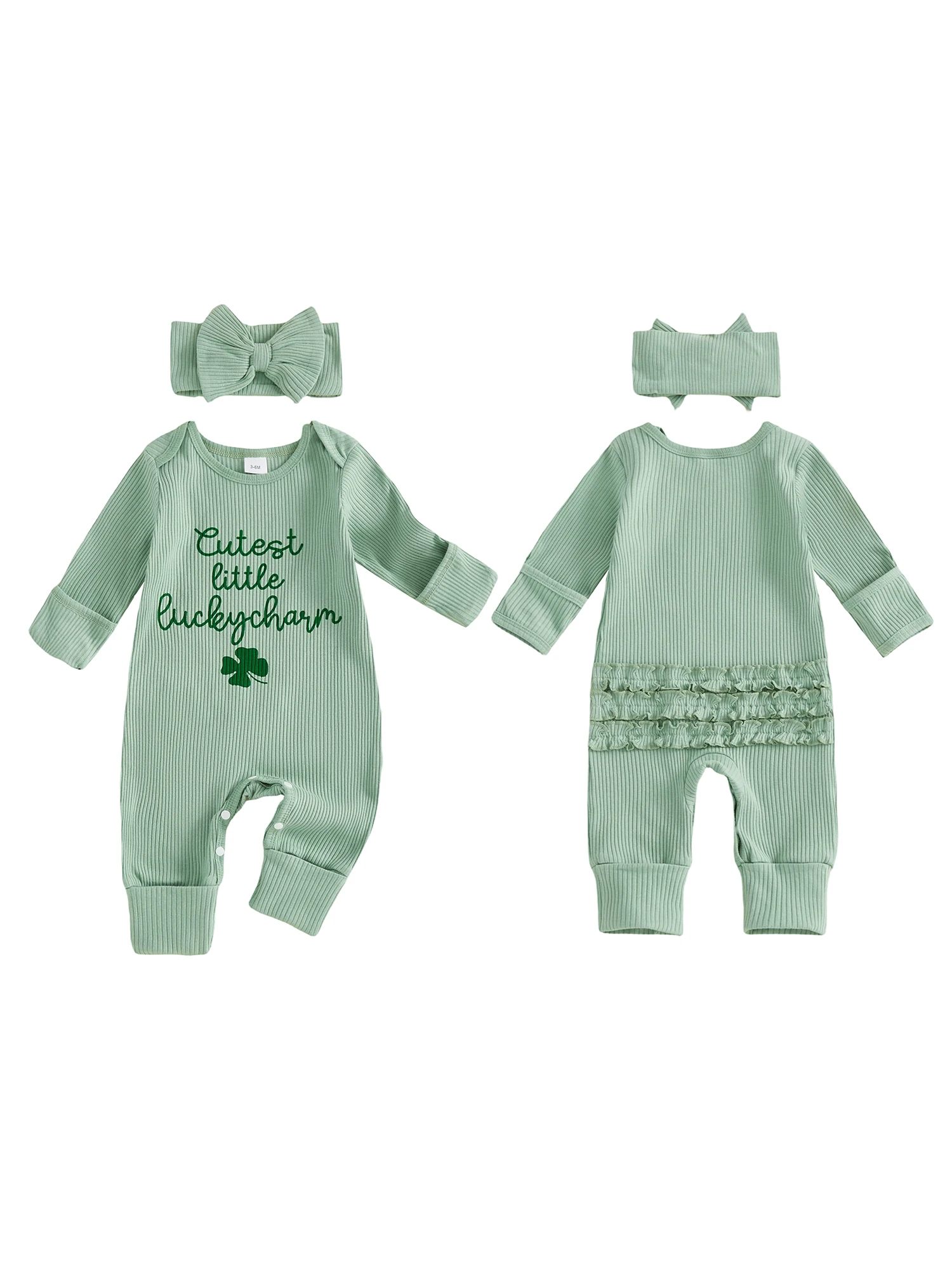 

Toddler Girl St Patrick s Day Outfit Green Clover Print Long Sleeve Round Neck Romper Bow Headband 2 Pcs Set - Irish Spring