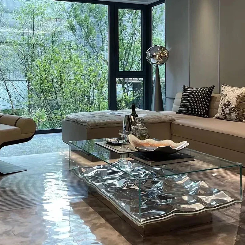Transparent glass side table, modern coffee table in living room