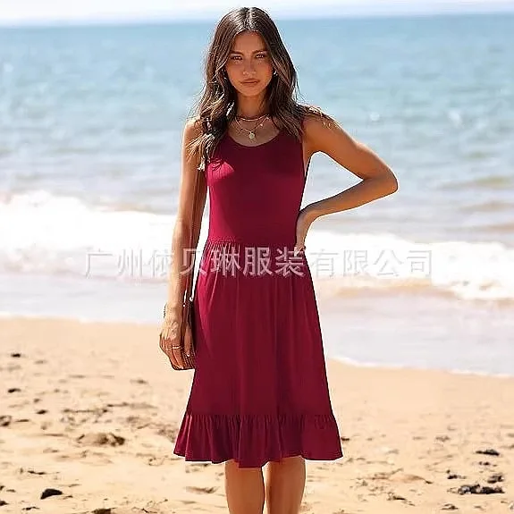 Women's Summer Tank Dress Casual Ruffle Hem Knee Length Dresses Jumpsuit Playsuit view 4