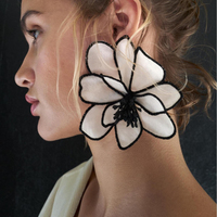 White Fabric Black Embroidery Large Flower Stud Earrings for Women New Trending European American Simulation Flower Ear Jewelry