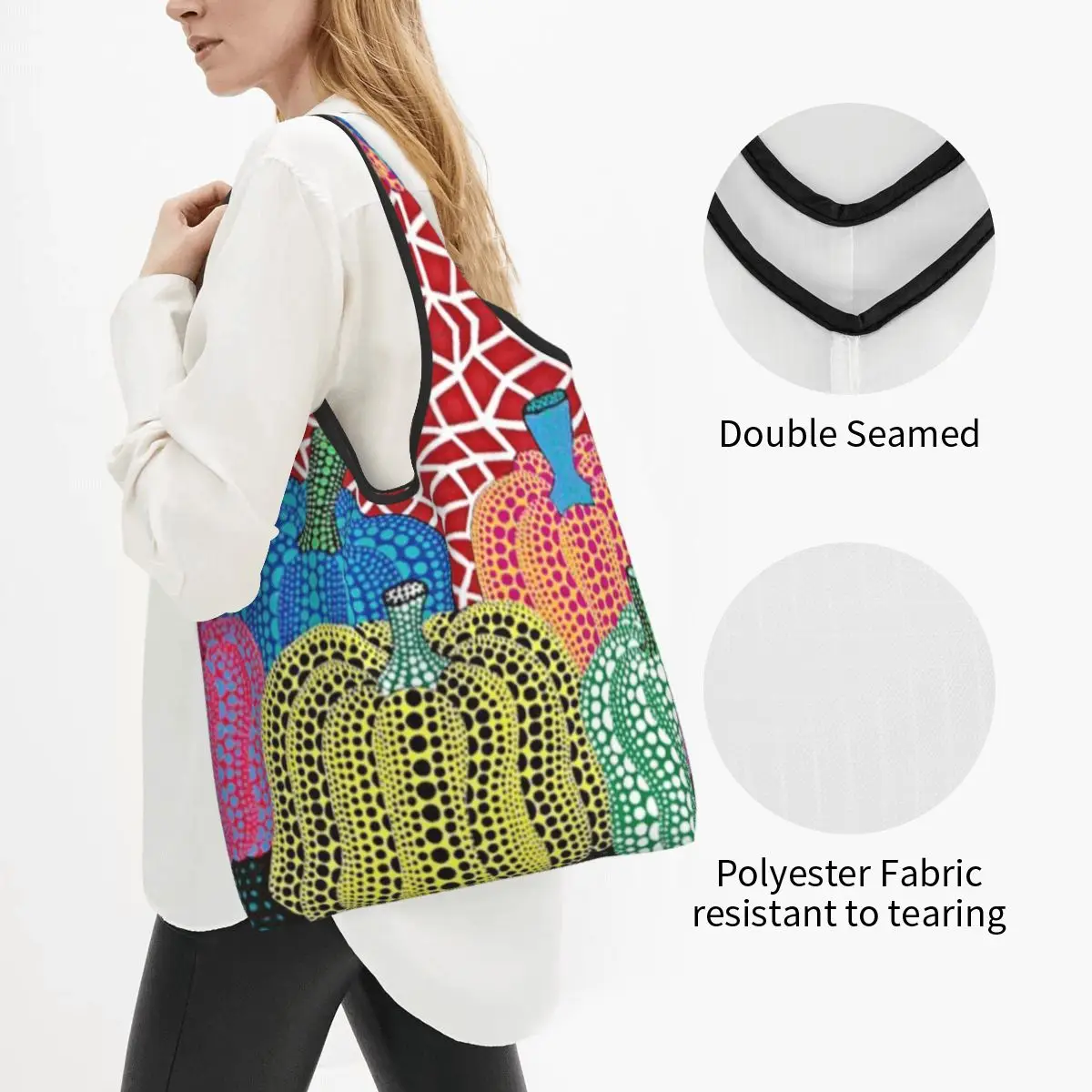 Fashion Three Polkadot Pumpkin Art Shopping Tote Bag Portable Yayoi Kusama Grocery Shoulder Shopper Bag