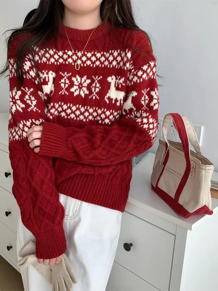 

Vintage 2024 Autumn Winter Red Patchwork Christmas Sweater New Korean Women Beige Loose Round Neck Vacation Knitting Tops Casual