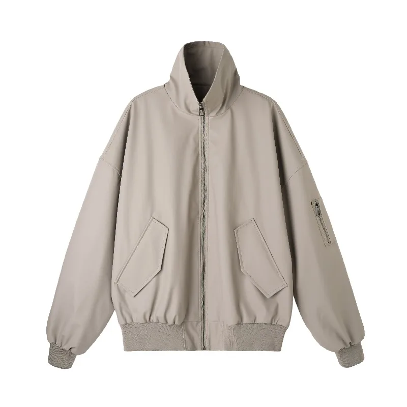 Men's Autumn 2025 Oversized Stand Collar Jacket Light Beige Casual Loose Zipper Coat Commute Windproof Solid Color Outerwear