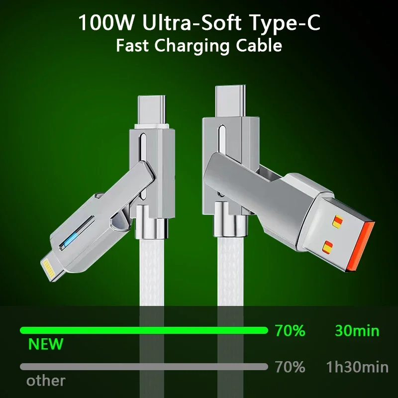 4In1 USB C to Lightning Cable 100W High-Speed Charging&Fast Data Transfer CarPlay&Android Auto Support Multi Charger Cord Com