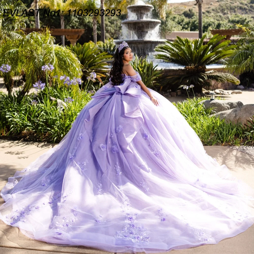

EVLAST индивидуальное блестящее лавандовое бальное платье Quinceanera платье с цветочной аппликацией и бантом из бисера Sweet 16, Vestidos De 15 Anos E1QN290