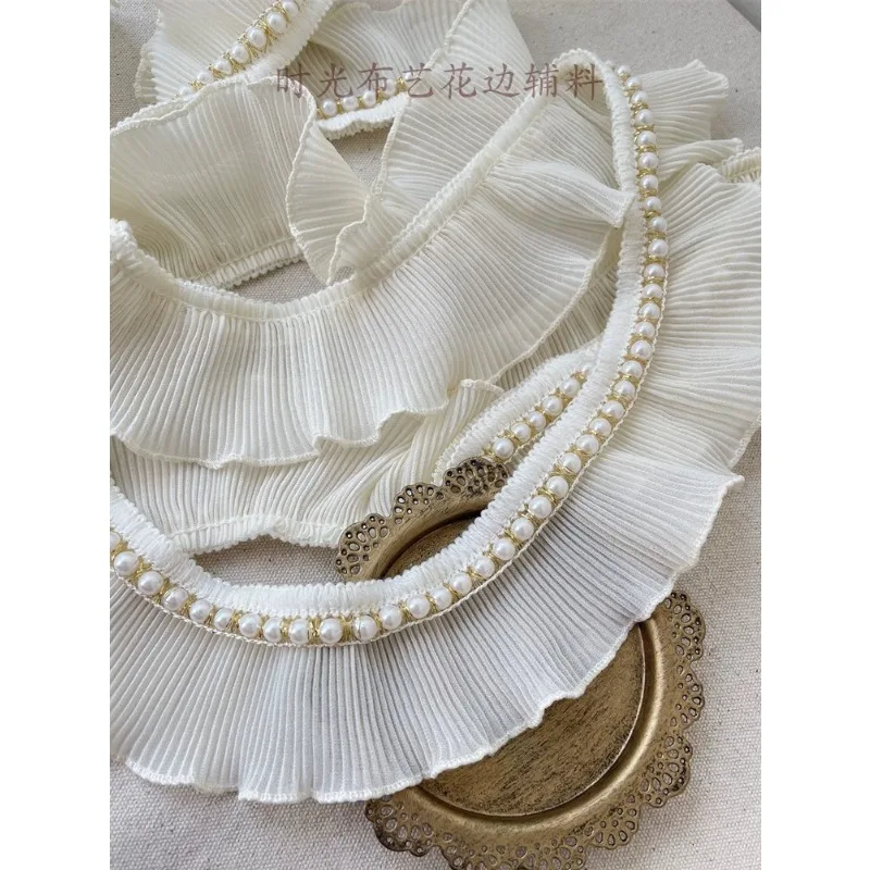 Beige Chiffon Pleated Fabric, Ruffle Frilled Ribbon, Beaded Fringe, Lace Edge Trim, Wedding Dress Collar, DIY Sewing Decor