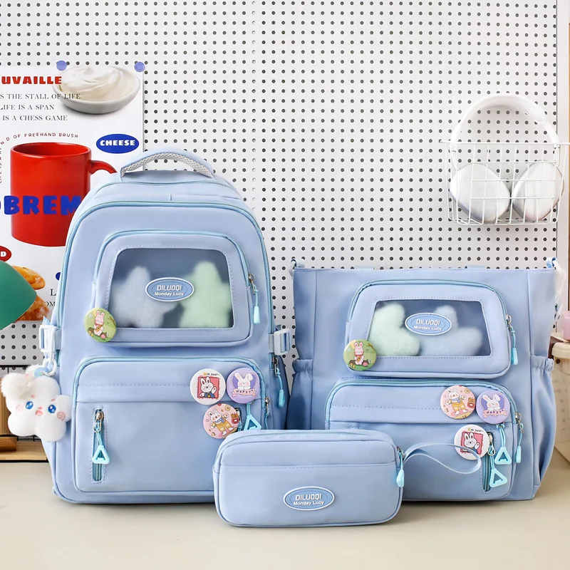 Japanese Junior Students Schoolbag Set Ins Girls Cute Backpack Handbag Book Bag Pen Bag 3pcs Transparent Pocket School Satchels