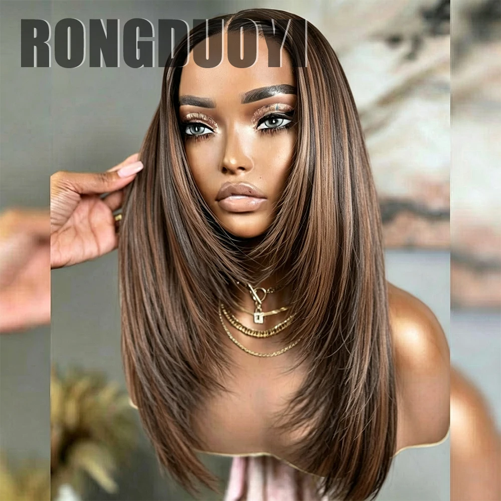 RONGDUOYI Highlight Brown Layered Straight Synthetic Wig Pre-Plucked Layered Haircut Lace Front Wigs Makeup Black Brown Mix Hair