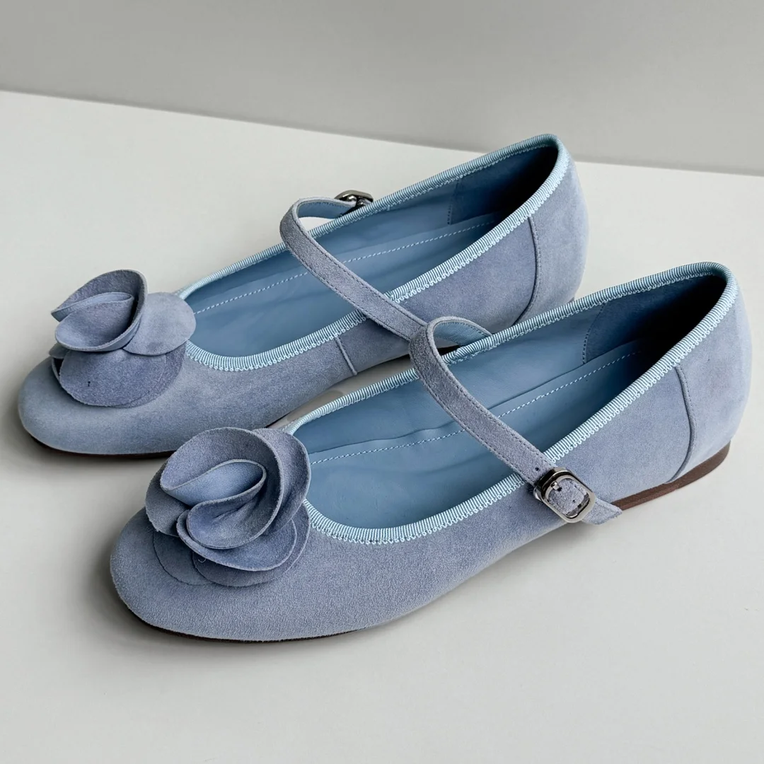 

danxuefei women's natural suede leather round toe flower decoration narrow band slip-on Mary Jane ballet flats high quality shoe