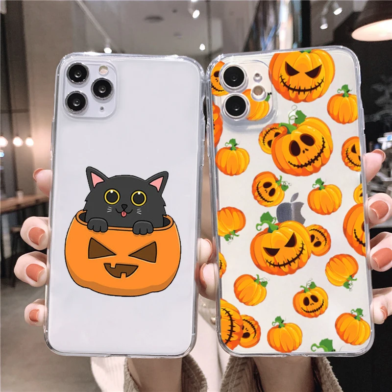 Cartoon Halloween Pumpkin Black Cat Corn Phone Case For iPhone 13 12 11 Pro MAX X XS XR SE2 7 8 Plus Transparent Soft TPU Case