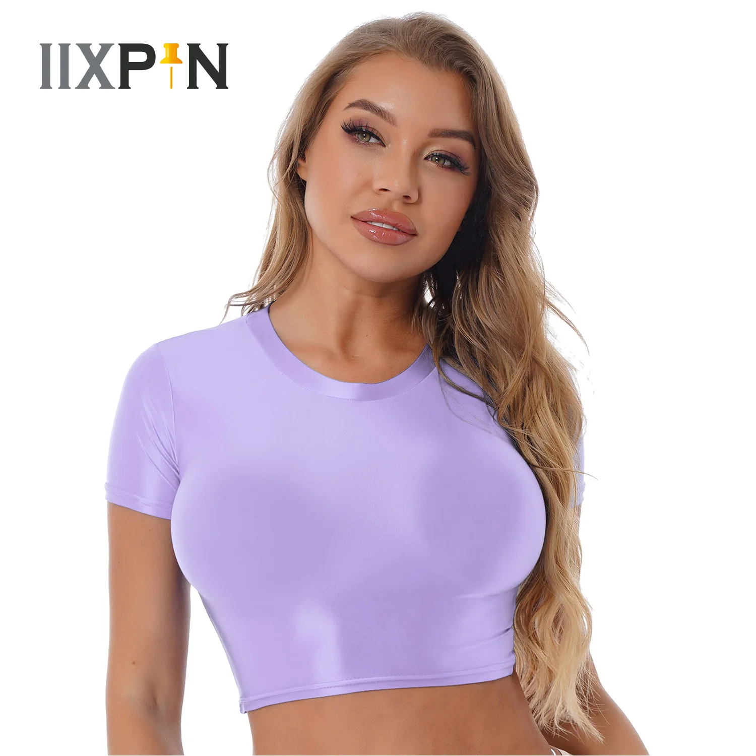 

Womens Femme Glossy Camis Crop Top Sports Fitness Smooth Short Sleeve Tank Tops Oil Shiny Slim Fit T-shirt Sportswear Swimwear