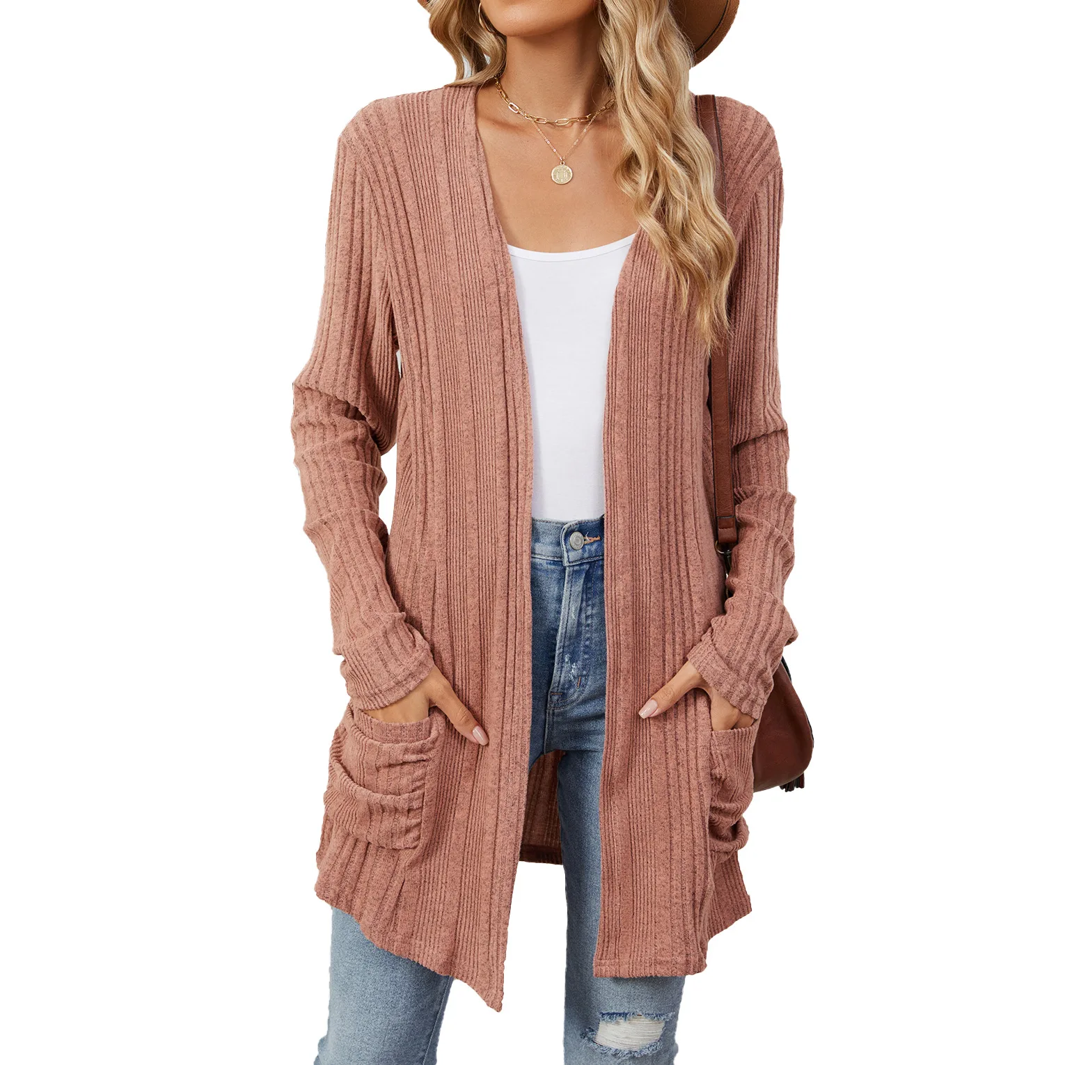 

Autumn Winter New Pit Stripe Long Sleeved Pocket Casual Hollow Solid Color Cardigan Jacket Sweater Women