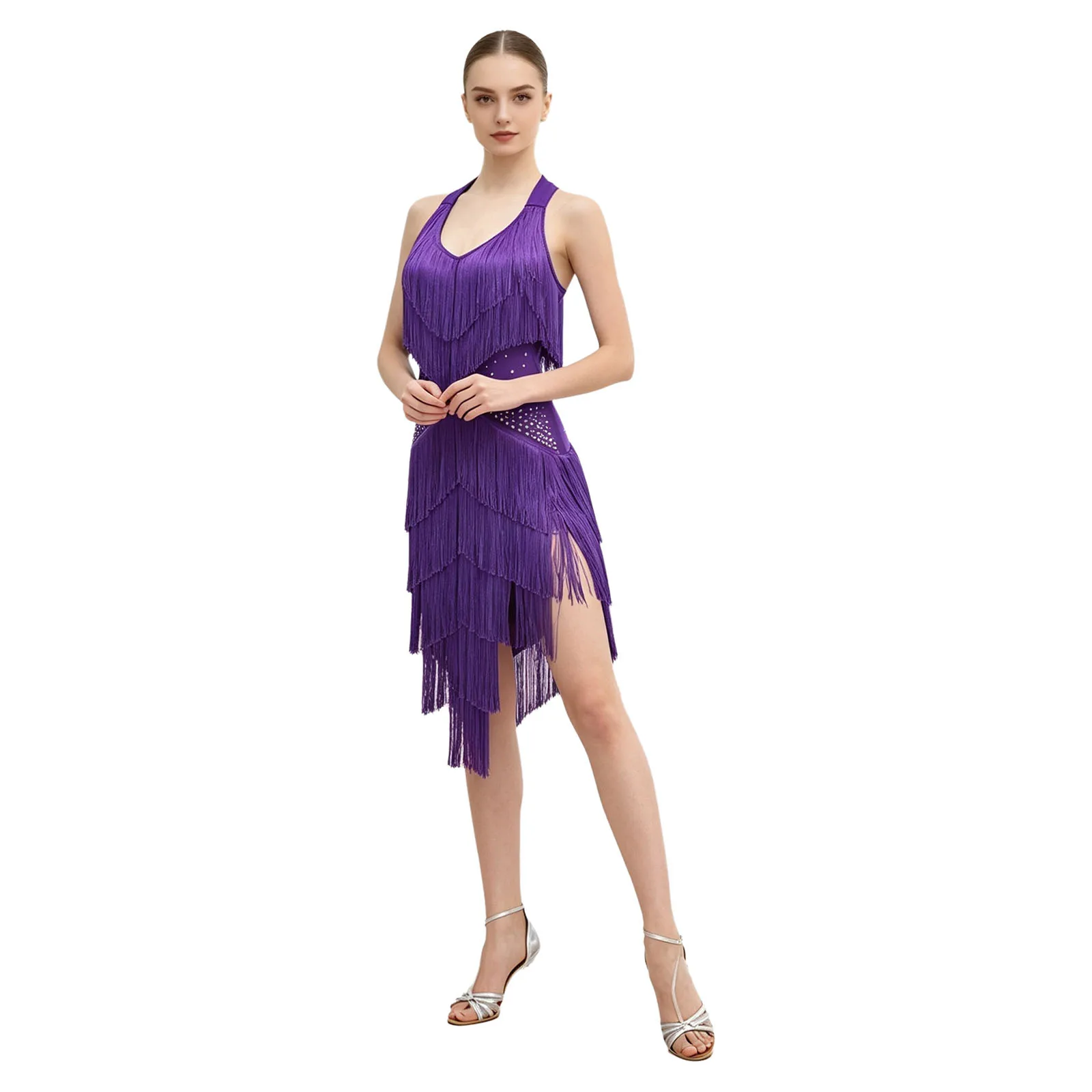 Damen Glitzerndes Strass-Fransen-Latin-Samba-Tanzkleid mit Halter-V-Ausschnitt, Königsblau, Asymmetrischer Quastenrock, Bühnenkostüm – Detail 8