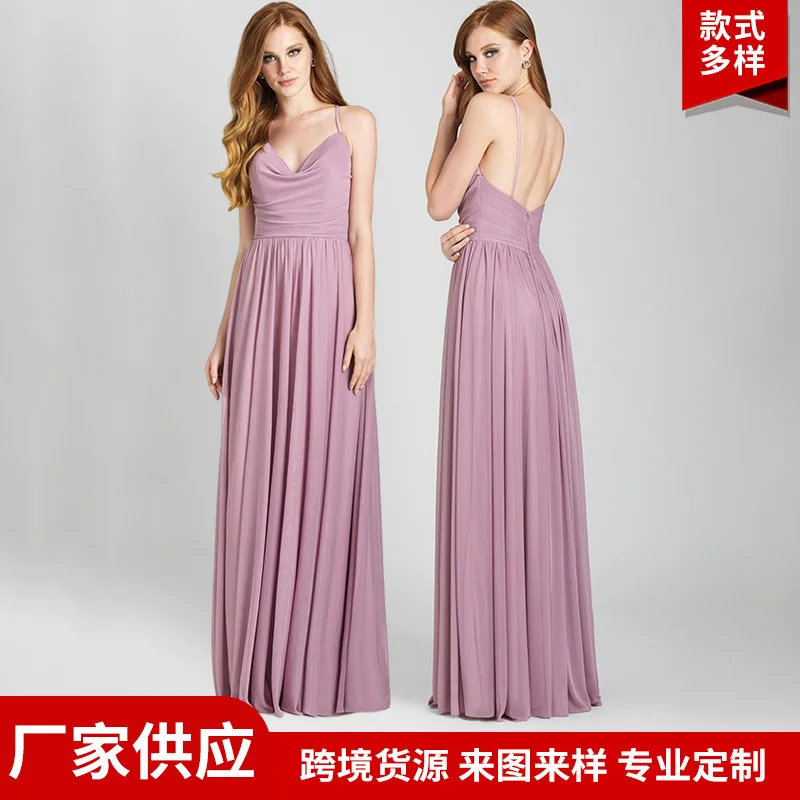 

Suspender Bridesmaid Dresses Long Chiffon Ball Gowns Spaghetti Straps V-neck Wedding Guest Dress