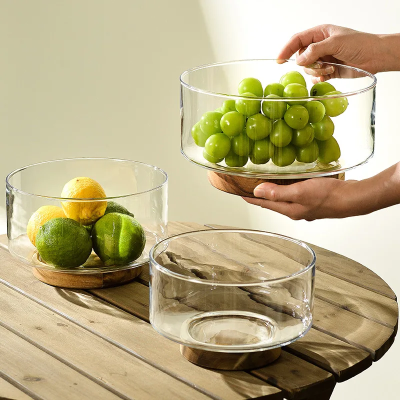 Glass Fruit Bowl Fashionable Brief Salad Plate Wood Base Snacks Nuts Storage Bowls Home New Year Tableware