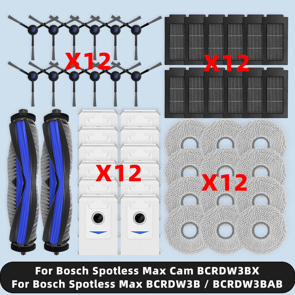 Compatible con ( Bosch Spotless Max BCRDW3B / BCRDW3BAB, Spotless Max Cam BCRDW3BX ), piezas de repuesto, accesorios, cepillo lateral principal, almohadilla de fregona, filtro, bolsa para polvo