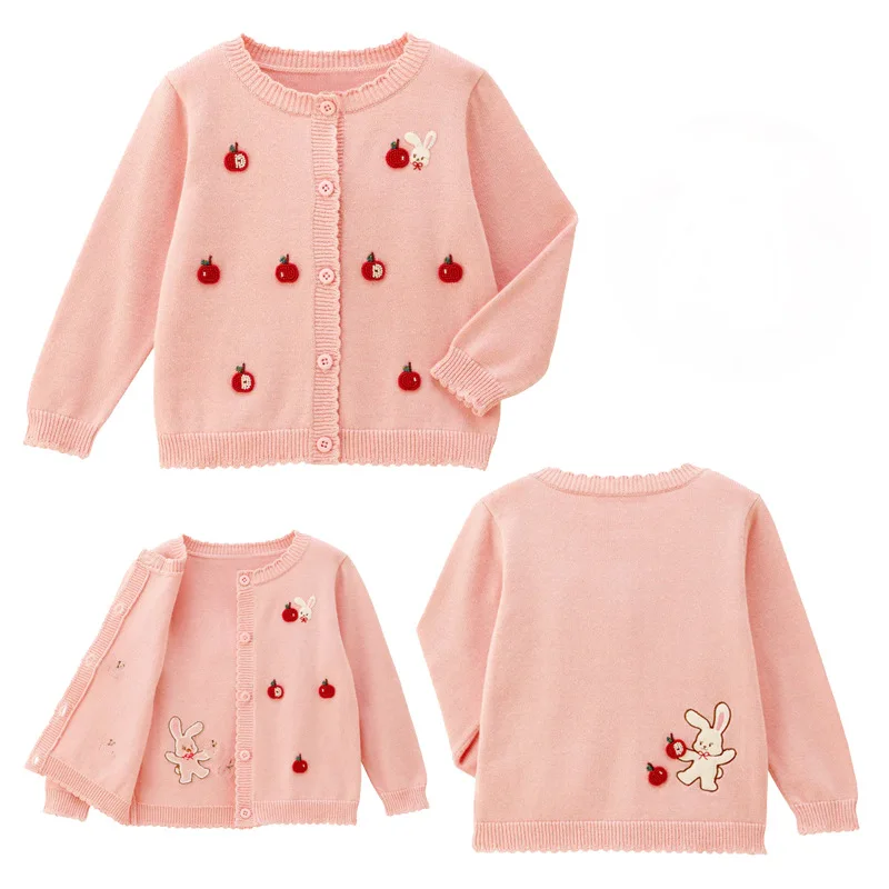 

New Spring and Autumn Knitted Cardigan for Girls with Cute Cartoon Little Rabbit and Apple Embroidery