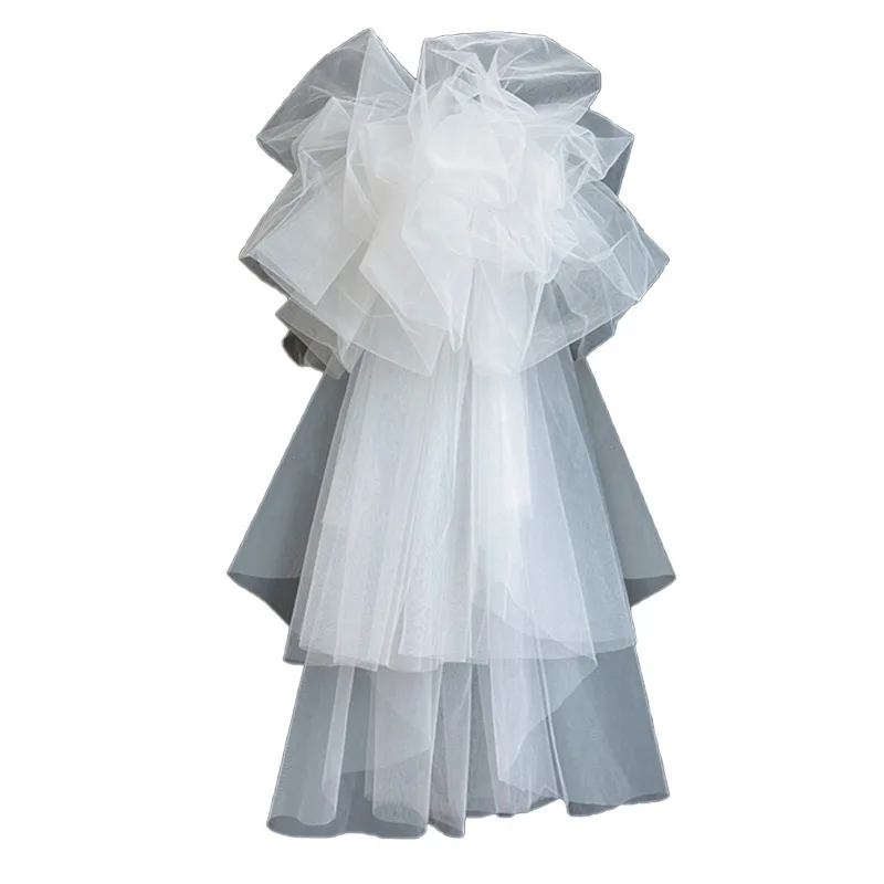 Voluminous Wedding Veils Thick Stacked Multi Layer Sheer Tulle Fluffy Top Design Mid Length Minimalist  Bridal Head Accessories