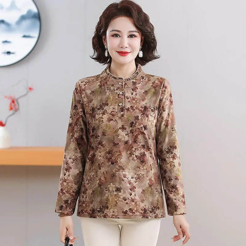 

Fashionable Mother Style New Long-sleeved Bottoming Shirt Popular Warm Plus Velvet T-shirt Top Small Shirt for Women