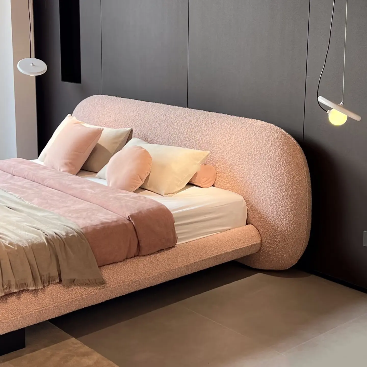 Vintage style double bed widescreen half moon design lamb wool upholstered without bed frame view 4