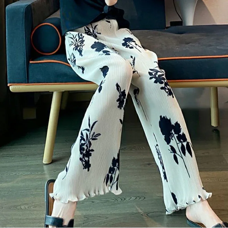 

Плиссированные повседневные брюки с цветочным принтом, широкие брюки из ледяного шелка, новинка лета 2024, высококачественная драпированная прямая трубка с высокой талией