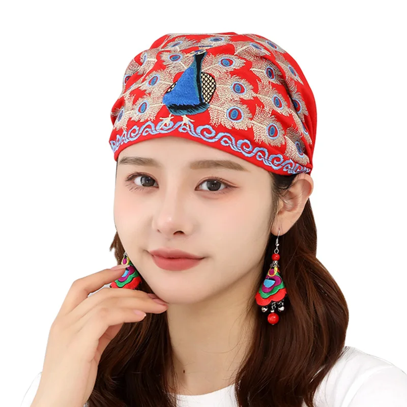 Nepal Style Mongolia Area Female Turban Nationality Fashion Women Cap Embroidered Peacock Casual Thin Cotton