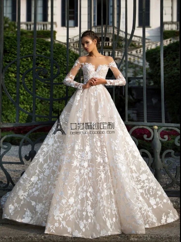 

Customized Luxury Sweetheart Appliques A Line Wedding Dresses Off The Shoulder Long Sleeves Sweep Train Tulle Bridal Gowns