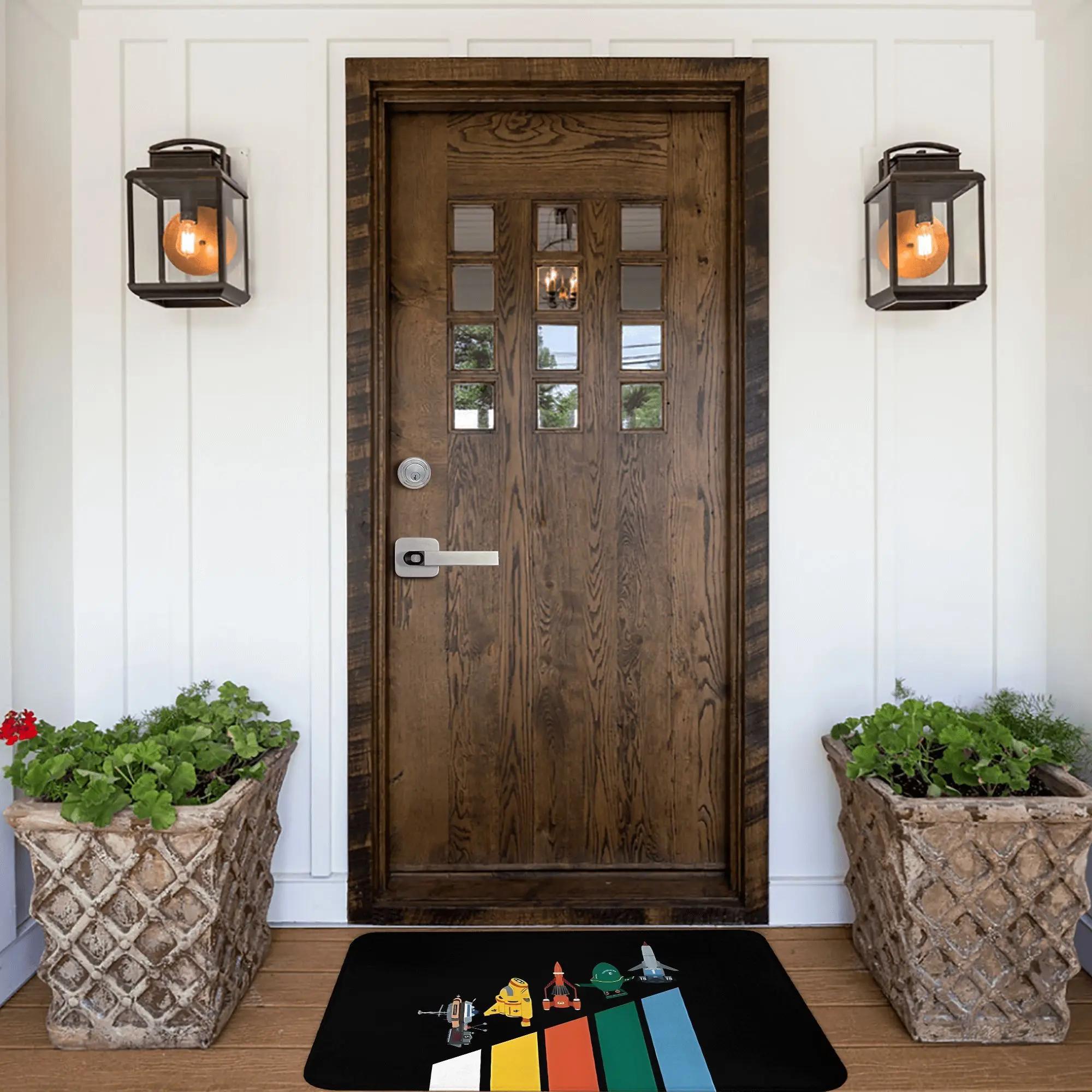 1pc BIIHUDU Space-Themed Doormat - Machine Washable Flannel Mat with Planets & Spaceships Design, Durable Indoor/Outdoor Entrywa