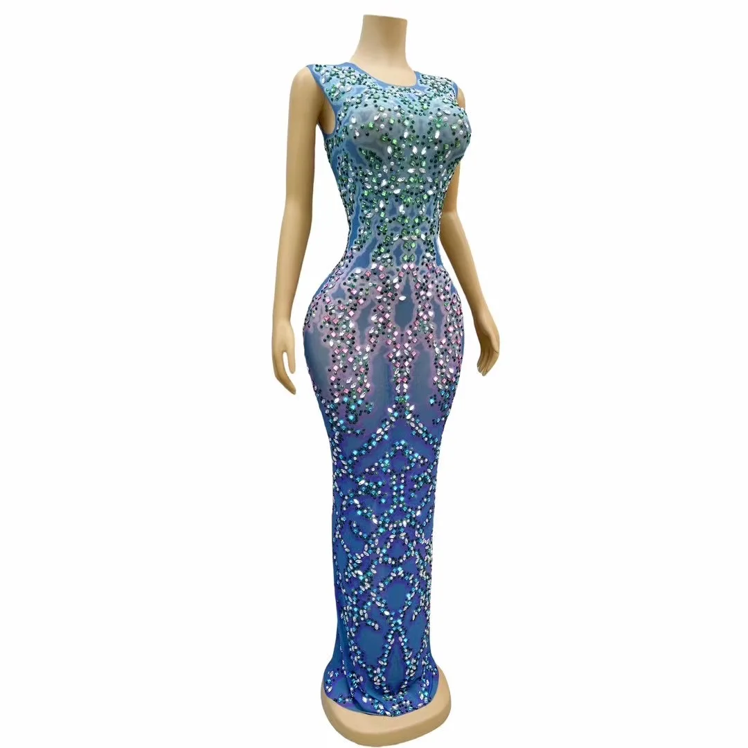 Flashing Rhinestones Mesh Bodycon Long Dress Celebrate Birthday Party Photo Shoot  Stage Perform Costume Evening Party Dresses