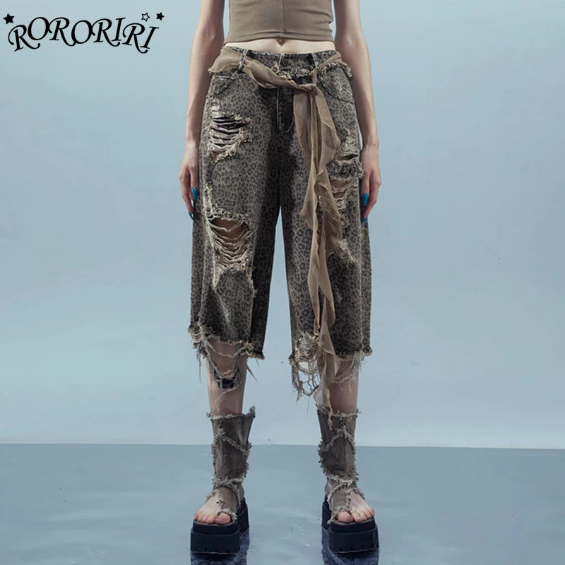 

RORORIRI Ретро рваные женские джинсы с леопардовым принтом Jorts струящийся пояс с заклепками потертые свободные широкие джинсовые шорты Harajuku серая уличная одежда