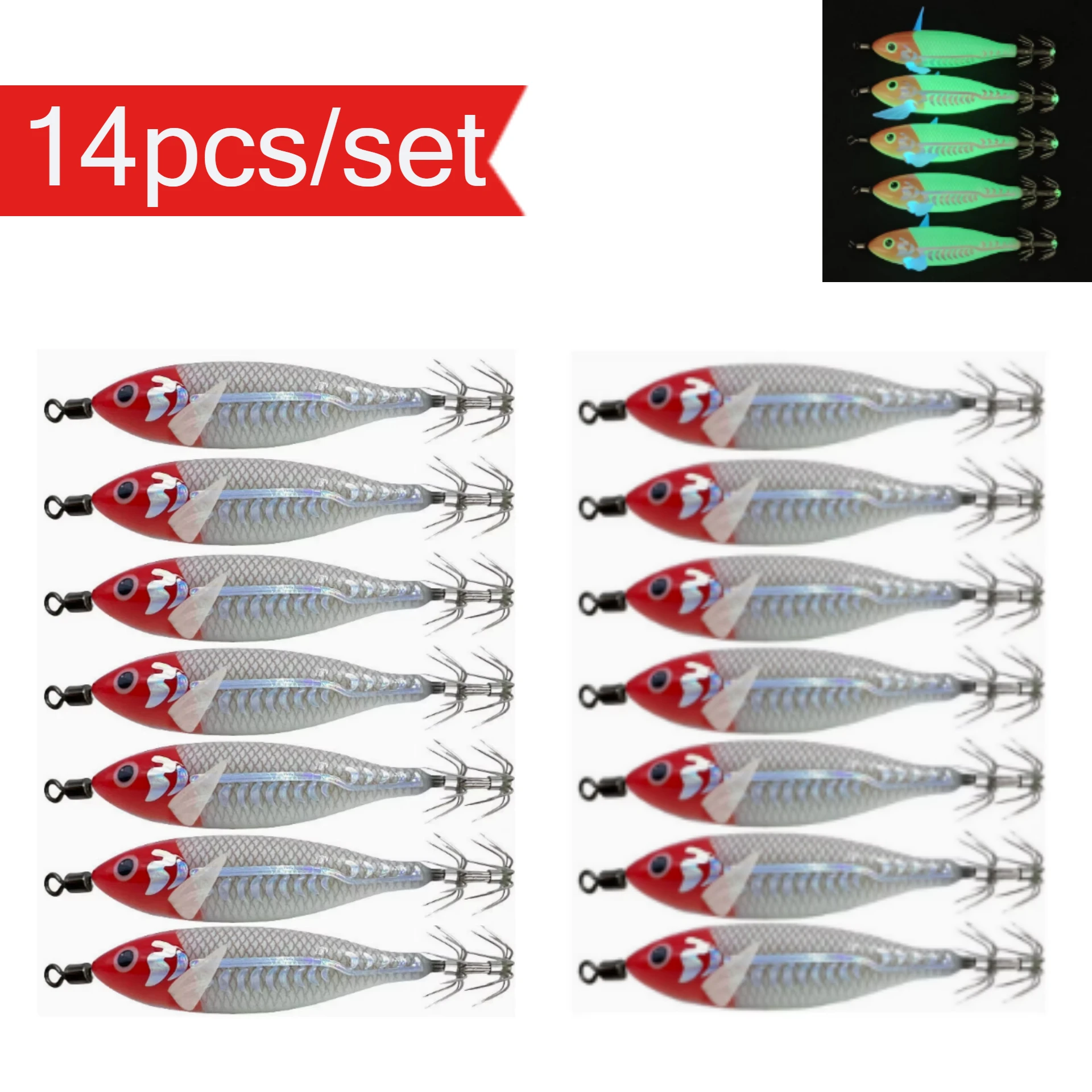 14 Stück/Set Leuchtender Tintenfisch-Jig 8cm/5,7g Garnelen-Angelköder mit Haken Meeresfischerei-Zubehör Künstlicher Köder Oktopus-Köder