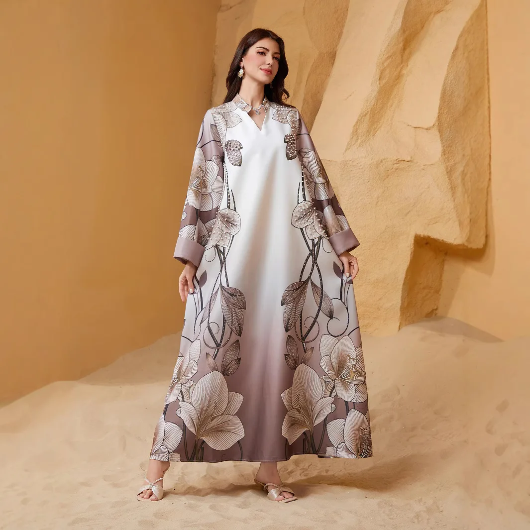 

Muslim Fashion Women's Light Brown Elegant Luxury Beading Diamond Studded V-neck Long Sleeve Ankle Length Dress Female New Abaya