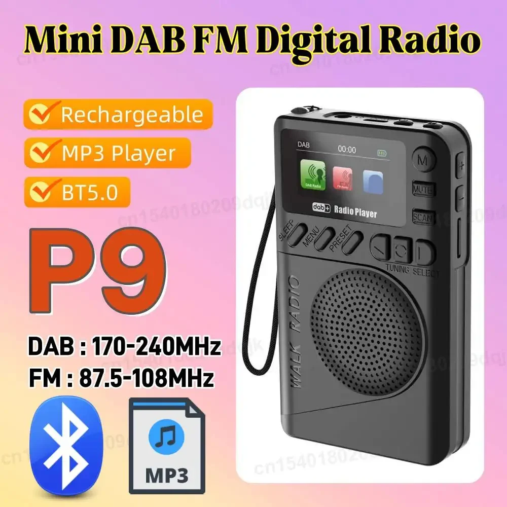 

9 Mini DAB FM Digital Radio with Headphone Jack 1000mAh Rechargeable Battery Bluetooth 5.0 MP3 Playback Speaker Pocket Radio