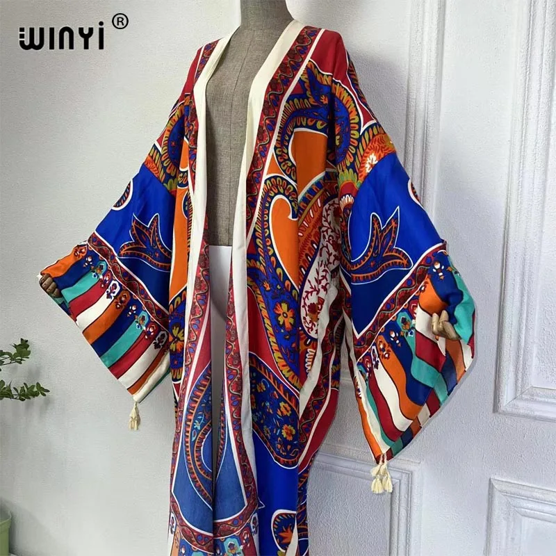 Winyi Zomer Nieuwe Boho Print Strand Cover Up Zwempak Elegant Afrikaanse Vrouwen Vest Sexy Vakantie Lange Mouw Kimono Maxi Jurk