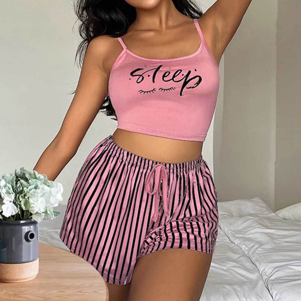 Cute Women Pajamas Sets Sexy Camisole Shorts Set Sleepwear Home Clothes Tops and Shorts Set Summer Pajamas Set Striped Nightwear