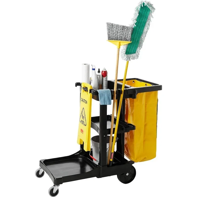 Rubbermaid-carrito de limpieza de 3 estantes con ruedas, bolsa de vinilo amarillo con cremallera, para tiendas, escuelas