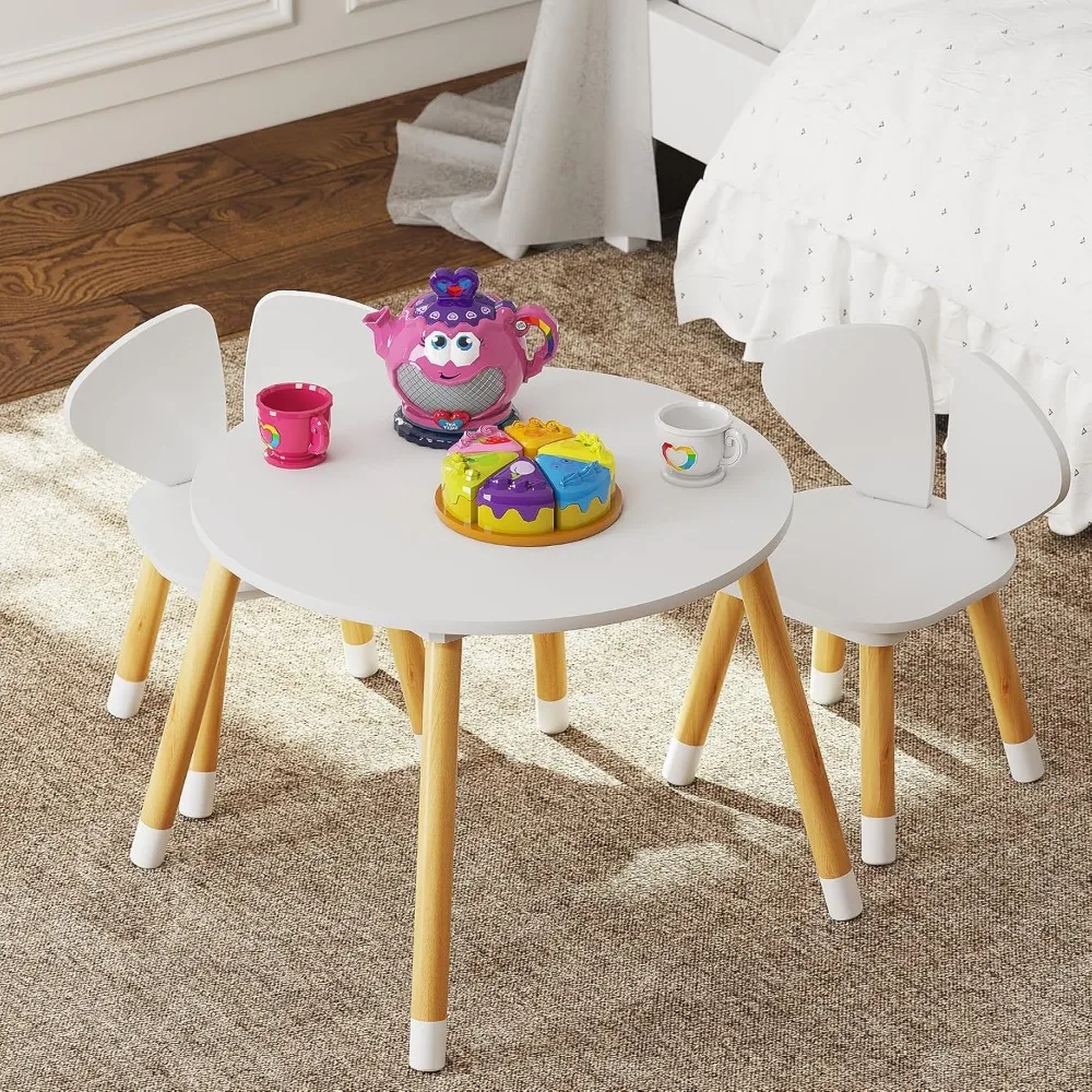 Conjunto de mesa e cadeira para crianças, orelha de elefante, mesa redonda para crianças e meninas, branco, 3 peças