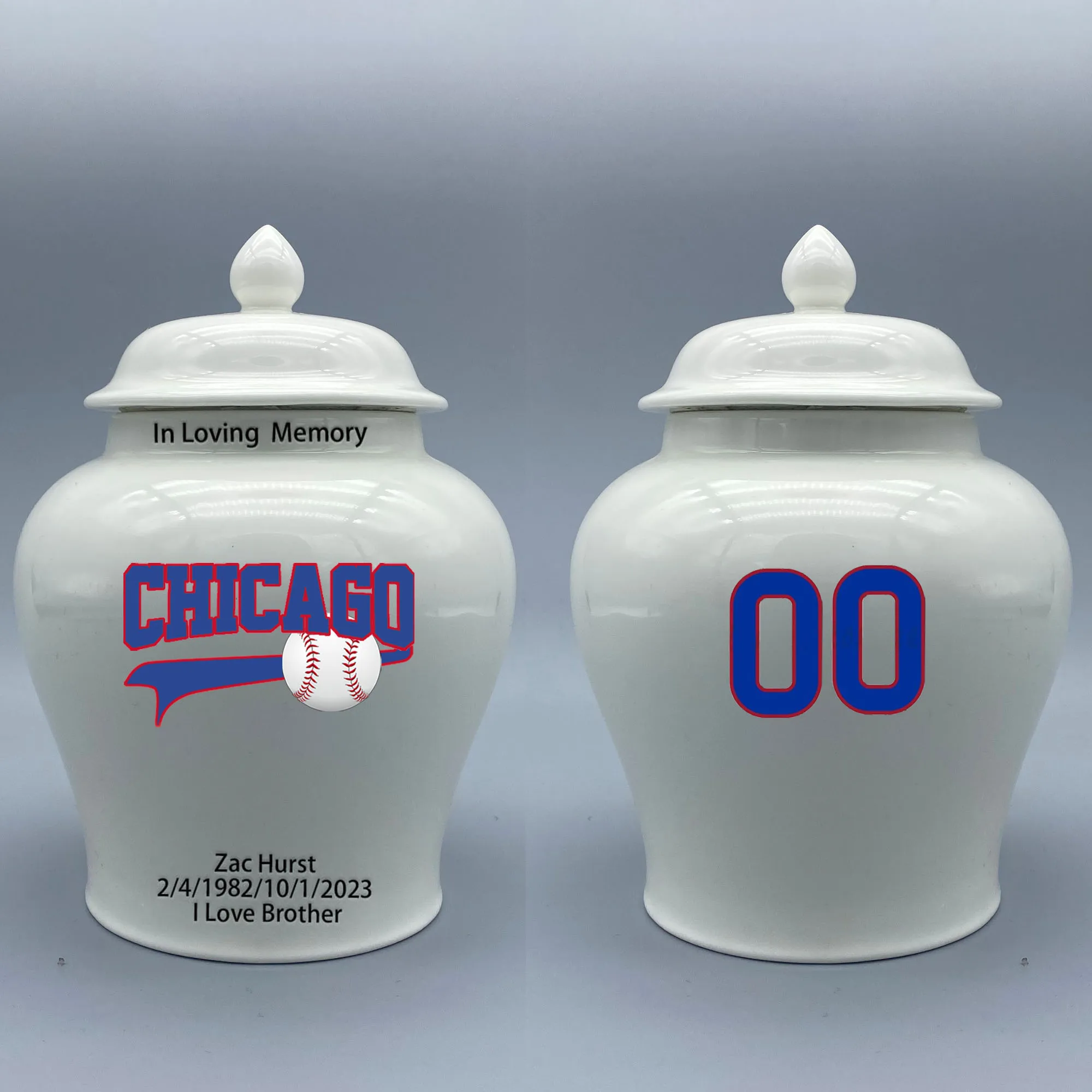 

Medium Urn for Chicago Cubs-themed Logo Urn.Please send me the customize information-name/date and number on the urn