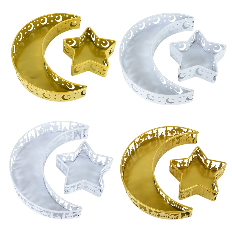 2Pcs Metal Star/Moon Eid Mubarak Food Tray Ramadan Kareem Centerpieces for Table Food Plates Islam Muslim Decor