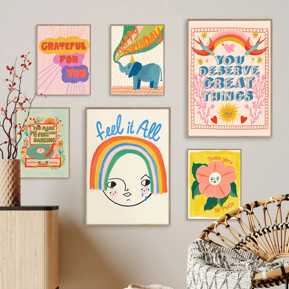 

Happy Birthday Card for Kids Poster Elephant Cute Greeting Card Print Canvas Inspiring Quote Wall Art Mental Health Office Decor