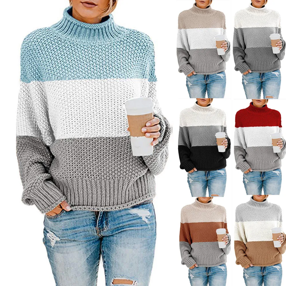 

Autumn and winter women's sweater knitted sweater thick thread color matching high collar pullover