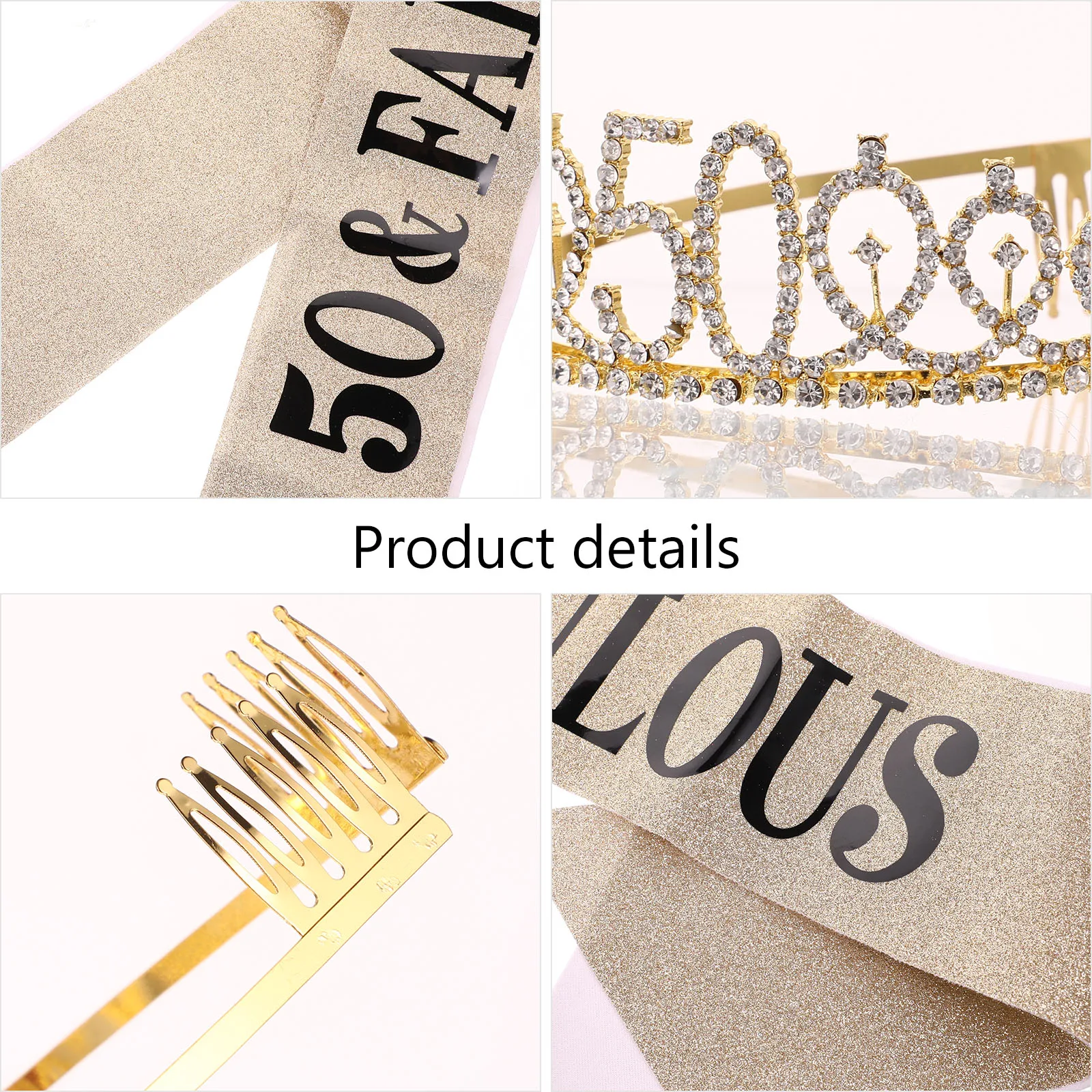 

2 Pcs Birthday Crown Set 50th Glitter Sash Tiara Party Headdress Etiquette Belt Headband Hair Hoop High Quality Fabric